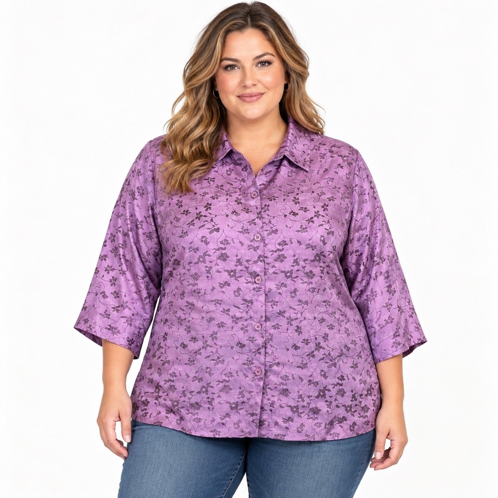 JM Collection Woman 16W Purple Viola Floral Branch 3/4 Sleeve Button Down Shirt